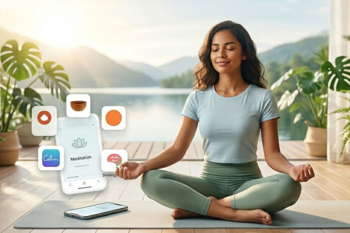 Uma mulher sentada em posição de meditação com expressão serena e olhos fechados, em um ambiente tranquilo com plantas e vista para um lago. Ao lado dela, um smartphone com logotipos flutuantes de aplicativos de meditação como Headspace, Calm e Insight Timer.