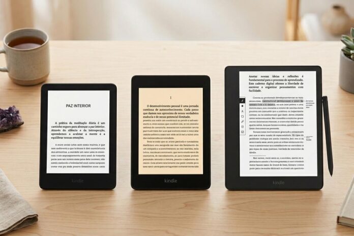 Três modelos de Kindle dispostos sobre uma mesa de madeira com uma xícara de chá e um cristal, mostrando livros de autoconhecimento e paz interior.