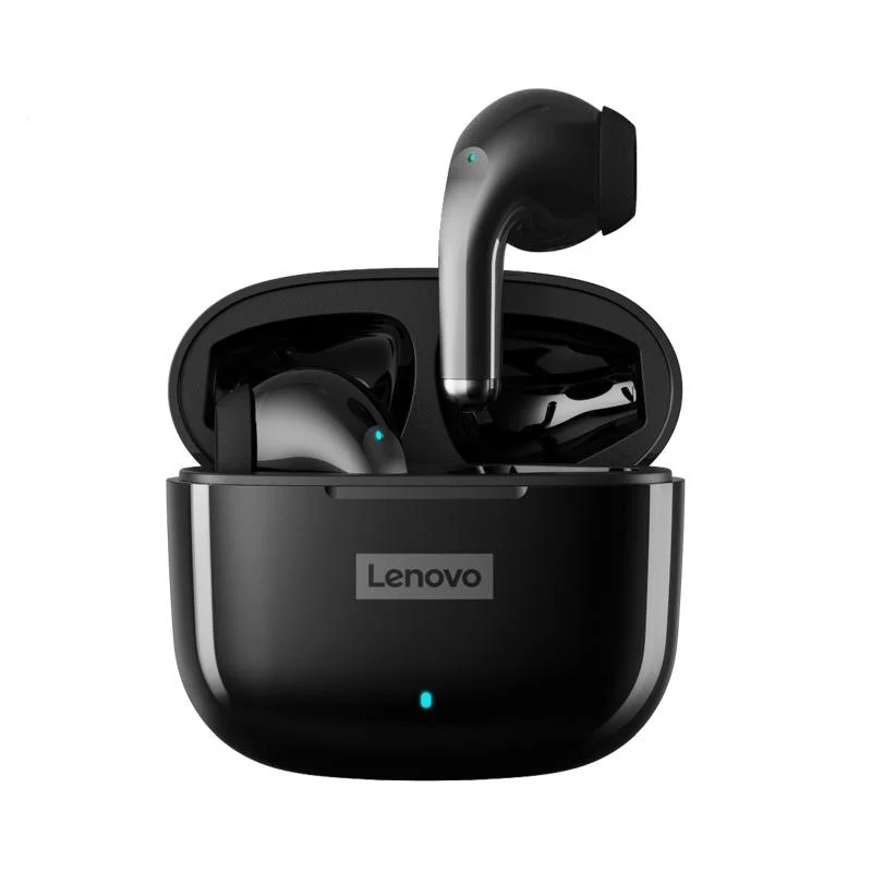 Fone de ouvido Bluetooth Lenovo Thinkplus LP40 Pro na cor preta brilhante, com o logotipo da Lenovo na frente do estojo de carregamento aberto, exibindo um fone encaixado e o outro posicionado verticalmente na parte superior com o indicador LED azul aceso.