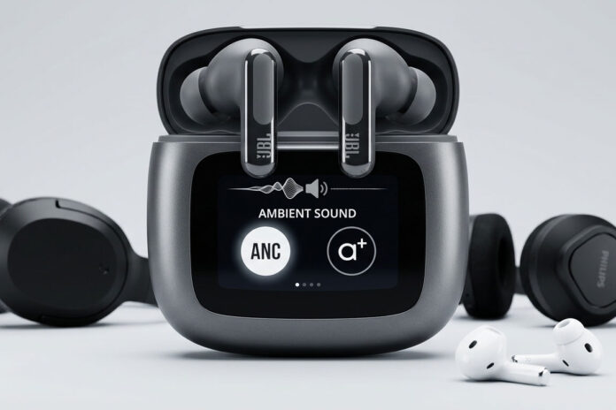Melhores fones de ouvido bluetooth modernos alinhados em fundo claro, destacando um estojo de carregamento com tela digital inteligente no centro.