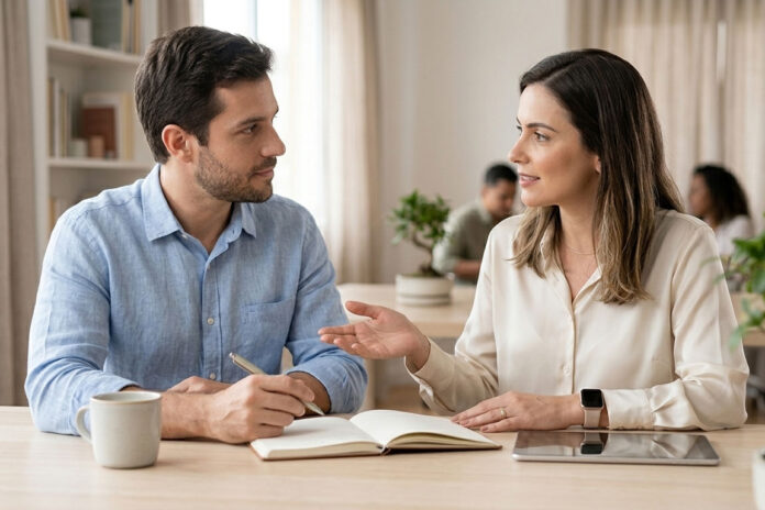 Pessoas em ambiente de escritório moderno conversando sobre as soft skills mais valorizadas no mercado de trabalho.