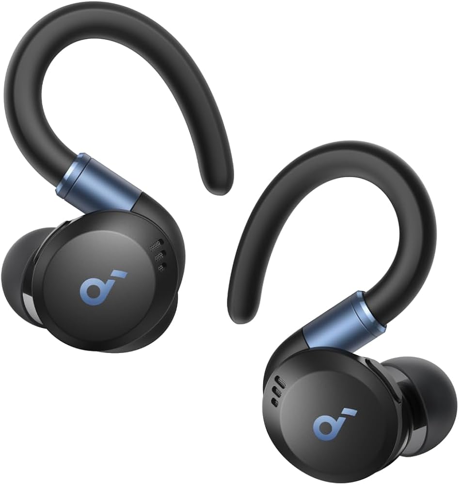 Fone de ouvido Bluetooth Anker Soundcore Sport X20 na cor preta, mostrando o par de fones com ganchos flexíveis de fixação para orelha, ponteiras de borracha e detalhes metálicos em azul-escuro com o logotipo da marca.