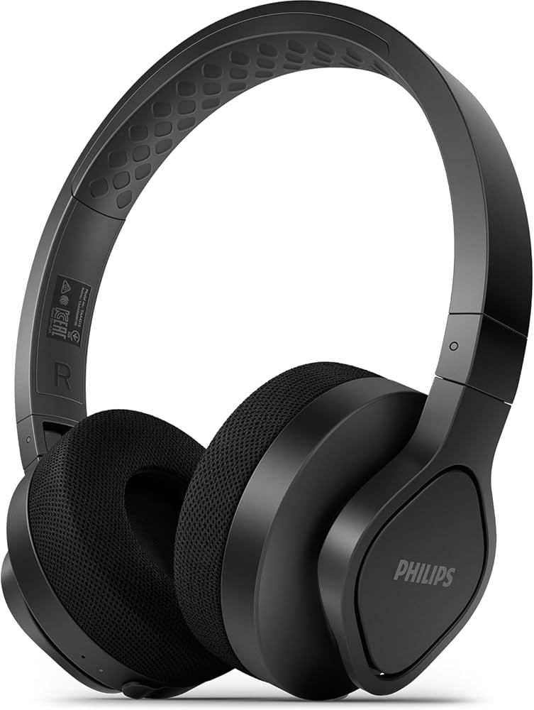 Fone de ouvido Bluetooth On-Ear Philips TAA4216 na cor preta, com almofadas auriculares de tecido respirável, haste flexível com relevos geométricos na parte interna e o logotipo da Philips gravado na lateral da concha.