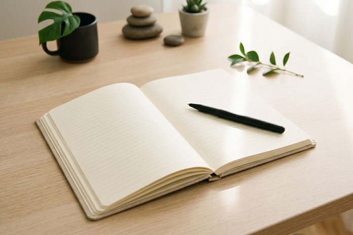 Caderno de journaling aberto para exercício de verificação de fatos e controle de ansiedade.