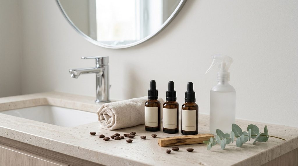 Bancada de banheiro com frascos de óleos essenciais, home spray, toalha dobrada e ramo de eucalipto - Saber Coletivo