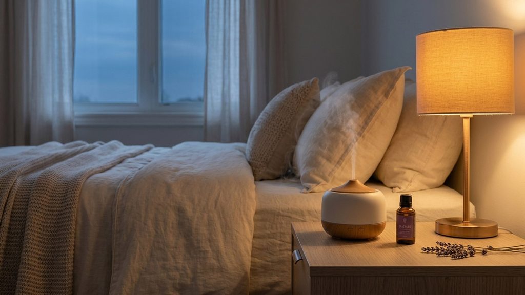 Difusor de ambiente ultrassônico com névoa leve na mesa de cabeceira do quarto iluminado por luminária aconchegante - Saber Coletivo