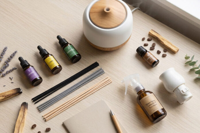 Visão superior de um kit completo com aromatizador de ambiente, difusor, óleos essenciais, varetas e home spray sobre mesa de madeira - Saber Coletivo