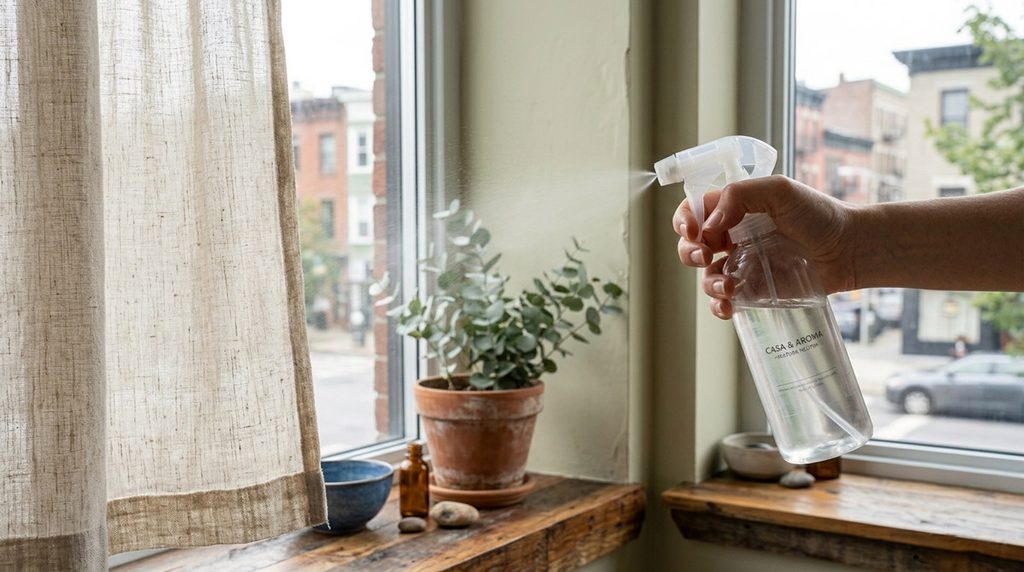 Mão borrifando home spray suavemente em uma cortina de tecido leve próximo à janela iluminada - Saber Coletivo