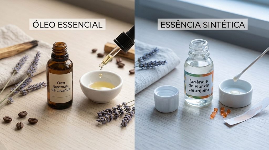 Comparação lado a lado entre frasco de óleo essencial natural com contagotas e frasco de essência sintética para aromatizador - Saber Coletivo